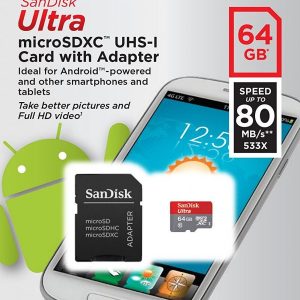 SanDisk 64 GB Ultra MicroSDXC UHS-I Class 10 Memory Card with SD Adapter