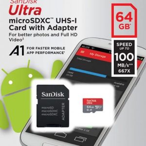 SanDisk 64GB Ultra A1 Class 10 microSDXC Memory Card with Adapter (SDSQUAR-064G-GN6MA)