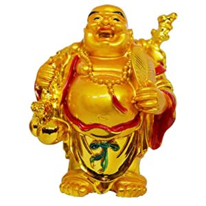 Aadhyathmik Laughing Buddha Holding Fan in one hand Wu Lou and Potti Money Bag on Another Hand 5 Inch - S917328