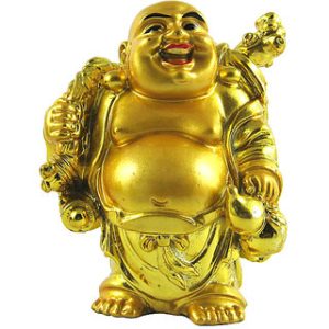 Aadhyathmik Laughing Buddha Holding Potli Golden Coins Bag on Backside and Wou Lou in Another Hand - S917318