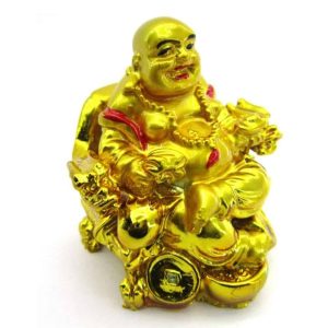 Aadhyathmik Laughing Buddha Sitting on Chair Holding Ingot on one Hand and Potti Money Bag on Another Hand 2.5Inch - S914118
