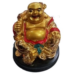Aadhyathmik Laughing Buddha Sitting on Golden Coins and Ingot Holding Potli Golden Coins Bag on Back 2.5Inch - S917308
