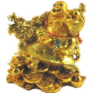 Aadhyathmik Laughing Buddha on Dragon Tortoise Holding Ingot and Money Bag 4 Inch - S904658