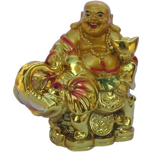 Aadhyathmik Laughing Budha Holding Ingot Sitting on Elephant and Money Coins 3.5Inch - S917648