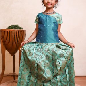 Shivangi Girls Green Tafetta Rangoli Pattu Pavadai