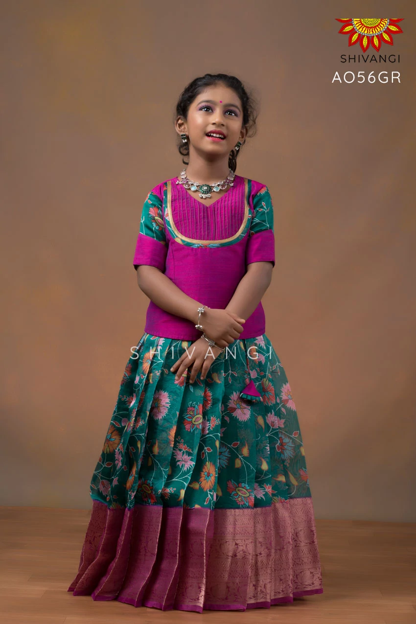 Shivangi Girls Green Organza Floral Creeper Pattu pavadai Season