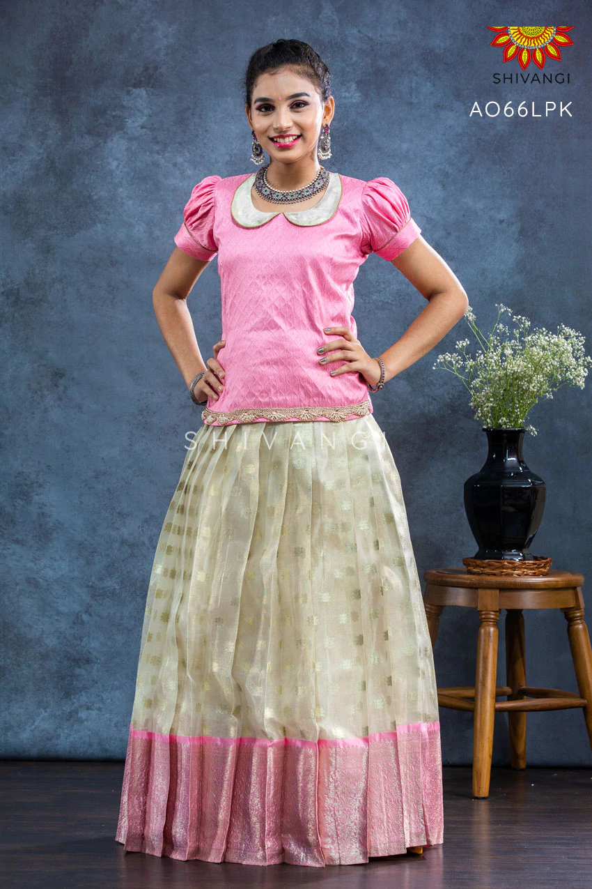 Shivangi Girls Light Pink Silver Cloud Pattu Pavadai Season Bazaar