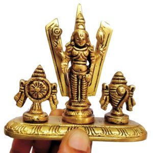 S9031-75 – Aadhyathmik Sankh Chakra Nama with Balaji Brass Idol Venkateswara Swamy Ithadi Vigraham Perumal Pithalai Silai 3.5inch 288grams